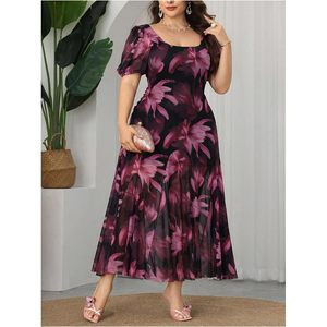 Vestido largo de malla floral de talla grande para mujer, con cuello cuadrado, manga abullonada, línea A, fluido, para cóctel o invitada de boda - Product Image 3