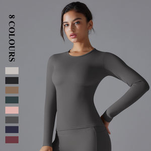 Atasan olahraga untuk wanita, atasan latihan lari kebugaran elastis Slim Fit lengan panjang warna polos, busana Yoga musim semi dan musim gugur - Product Image 2