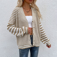 Cardigan en tricot personnalisé pour femme, col en V, manches ballon, boutons sur le devant, rayé, coloré, décontracté et tendance