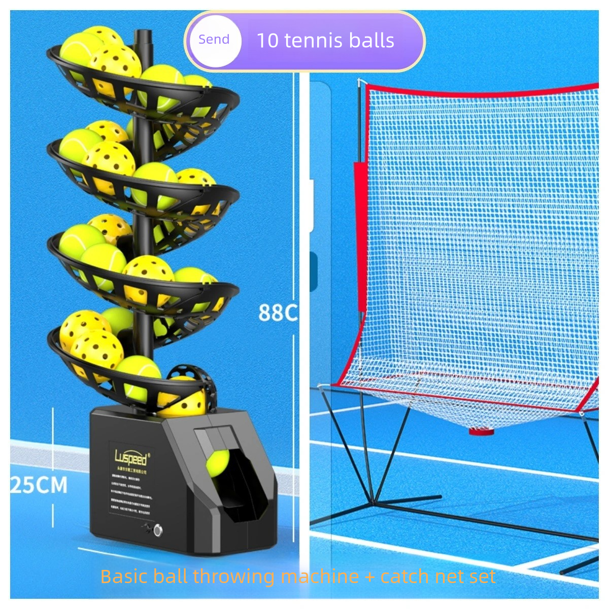 Macchina base nera + rete raccogli palline + 10 palline da tennis