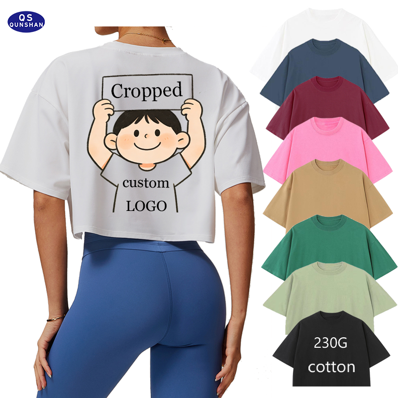 Summer Loose Casual Yoga Fitness Women's Cropped T-Shirt Fashion Cut Boxy Pure Cotton T-Shirts for Women Custom Logo Printing