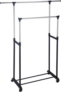 Séchoir <span class=keywords><strong>à</strong></span> linge <span class=keywords><strong>à</strong></span> double barre en métal noir, séchoir <span class=keywords><strong>à</strong></span> linge minimaliste <span class=keywords><strong>sur</strong></span> <span class=keywords><strong>roulettes</strong></span>, design élégant et gain de place pour la buanderie moderne - Product Image 3