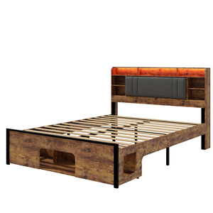 Lit à panneaux avec tête de lit de rangement rembourrée, disponible en tailles Twin, Full, Queen, King, marron, lit avec sommier haut - Product Image 5