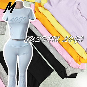 Set Due Pezzi da Donna con T-Shirt Ricamata con Logo Personalizzato <span class=keywords><strong>e</strong></span> Pantaloni a Zampa con Polsini, Outfit Sexy Slim Casual in Cotone per <span class=keywords><strong>Primavera</strong></span> ed Estate - Product Image 3
