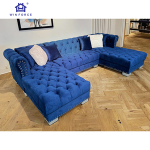 Sofá Seccional Chesterfield de <span class=keywords><strong>5</strong></span> Plazas en Terciopelo <span class=keywords><strong>Azul</strong></span> Marino de Lujo, en Forma de U, con Esquinas Acolchadas y Estructura de Madera Alta con Esponja - Product Image 6