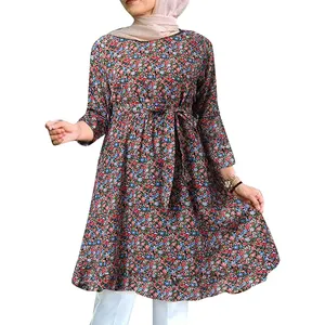 clothing manufacturer ladies islamic Tshirt Muslim Women floral print Fashion long sleeve Blouse