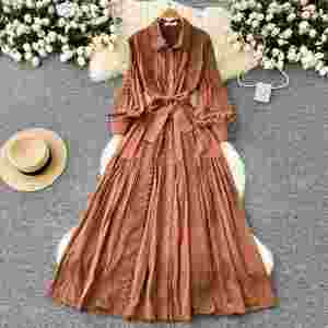 Vestido Midi Casual de Manga Larga con Cintura Imperio para Mujer, Tejido Transpirable y Lavable, con Estampado en Relieve, Estilo Ecológico para Otoño - Product Image 3