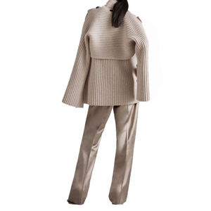 Wholesale Custom Open Sleeve Turtleneck Long <strong>Twin</strong> <strong>Set</strong> Poncho Top Thick Chunky Rib 100 Acrylic Knit Cape <strong>Cardigan</strong> Women's Sweater - Product Image 5