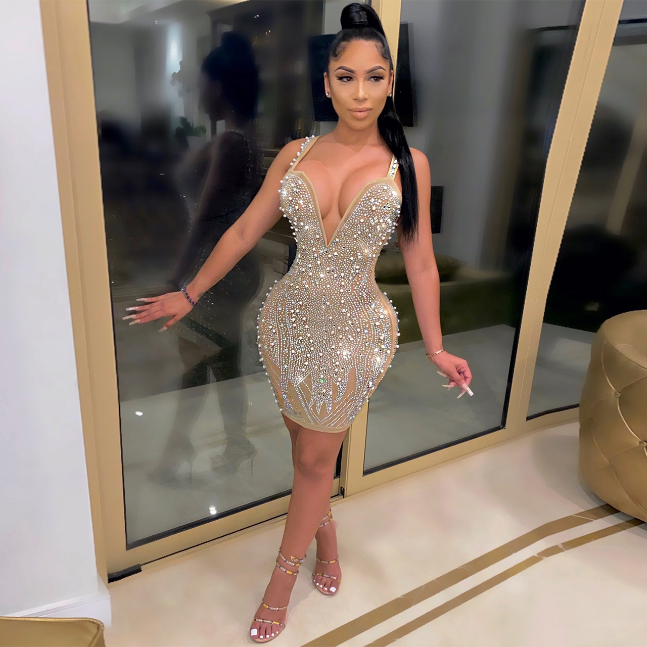 Trending Mini Party Bodycon Dresses with Deep V-Neck & Sleeveless Design -  Elegant Evening Wear for Women (Various Colors Available)