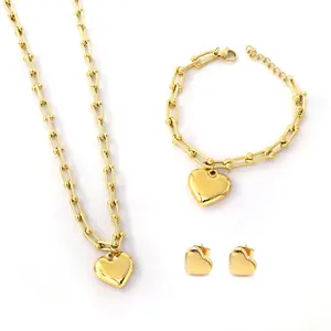 Stainless Steel U Shape Chunky Chain Link Round Bead Ball Heart Locket Rock Pendant Bracelet Fashion Jewelry Set