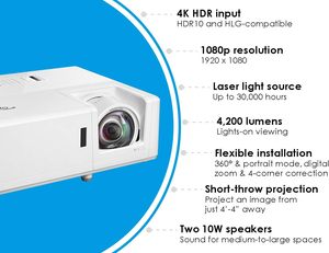 Projecteur vidéo d'entrée <span class=keywords><strong>Optoma</strong></span> ZH406ST <span class=keywords><strong>4K</strong></span> HDR, projecteur DLP à courte portée 4200lumens avec projecteur de lampe laser à haut-parleur 10W * 2 - Product Image 6