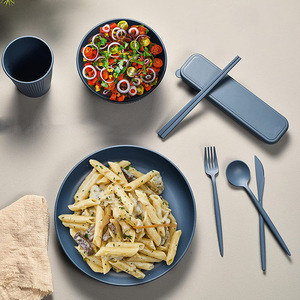 Dinnerware <b>Set</b> 32 Piece Dark Blue Round Plate Bowl <b>Cup</b> Knife Fork Spoon Chopsticks Portable Daily Use - Product Image 1
