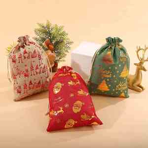 Sac en coton et lin avec cordon de serrage, estampage à chaud, pour Noël, pochette cadeau de Noël, sac décoratif de Noël - Product Image 3