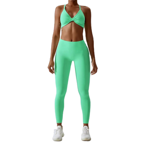 Nouvel Arrivage Ensemble de Yoga Décontracté 2 Pièces pour Femme en Toile Unie Séchage Rapide Respirant Écologique Usage Quotidien Printemps/Été Fitness - Product Image 1