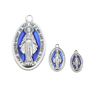 Colgante de aleación de La Virgen María de talla grande 46*25mm, Medalla Milagrosa de plata azul, accesorios de encanto religioso católico - Product Image 1