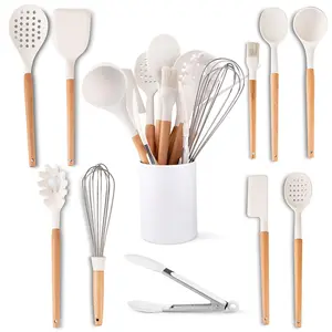Ev mutfak eşyaları silikon spatula süt beyaz ahşap saplı silikon spatula mutfak malzemeleri 11 parça seti