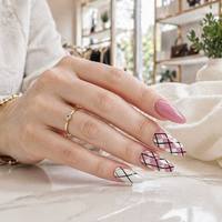 Faux ongles à presser en gros, motif Argyle à carreaux, forme amande, rose nude, réutilisables, avec logo personnalisé, pour le bureau