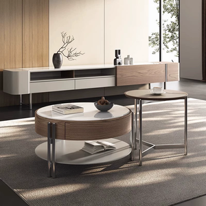 Tavolino da Caffè Moderno Rotondo con Piano <span class=keywords><strong>in</strong></span> Pietra Microcristallina e Combinazione <span class=keywords><strong>in</strong></span> <span class=keywords><strong>Legno</strong></span> per Soggiorno - Product Image 3