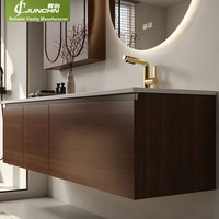 Meuble-lavabo flottant moderne et minimaliste en noyer, avec vasque intégrée en pierre frittée texture travertin, mobilier de salle de bain
