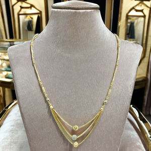 Collier multi-brins en or jaune avec accents texturés et perles bicolores en or, bijoux fins sophistiqués à superpositions - Product Image 3
