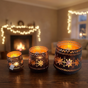 Sonnet Decor Black Iron Handmade <b>Lantern</b> <b>Candle</b> <b>Holders</b> Snowflake Die Cut Design Digital Printing Heat Resistant Christmas Home - Product Image 1