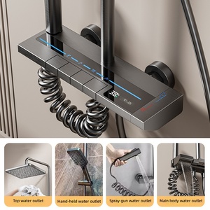 Ensemble de douche mural thermostatique en aluminium spatial avec douchette à main, barre coulissante, jet de pluie et de massage, design moderne et minimaliste - Product Image 1