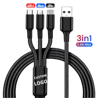 Câble de chargement rapide 3 en 1 Cordon téléphonique en nylon tressé 2A pour iPhone/Type C/Micro Multiple Ligne de chargement USB 3 en 1