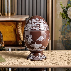 Yellow Bone China Egg Shaped Eco-Friendly Dish Blue Floral Pattern Lid Food Safe Party Use Home Decor Traditional Chinese Style - Product Image 5