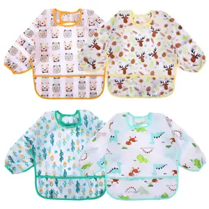 4 Pack Long Sleeve Baby Bibs, Waterproof Sleeved Bib Toddler Soft Bib for 6-24 Months
