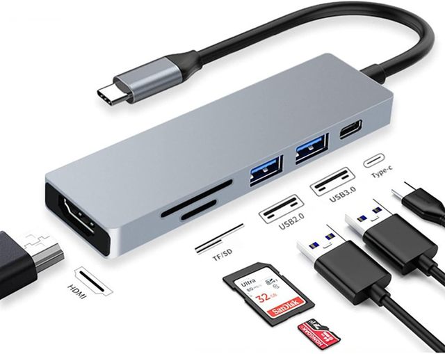 6 in 1 USB C Hub Multi-Port Adapter for MacBook Pro 4K HDTV Hub Dongle Compatible for Laptops and Other Type C Devices SD/TF PD