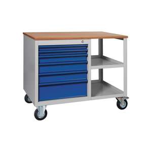 KLW LUTZ établi PW 700 W1000xD620xH805mm hêtre multiplex gris clair, RAL 7035 bleu gentiane, RAL 5010 6 tiroirs - Product Image 1