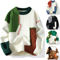 Pull en polyester tricoté patchwork pour homme, motif torsadé, contrastes de couleurs, coupe ample, chaud, respirant, automne/hiver, transfrontalier