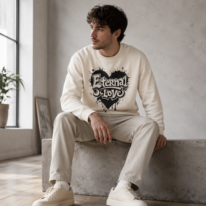 Men's Cream Crewneck <b>Sweatshirt</b> <b>Heart</b> Graphic Pullover Soft Knit Streetwear Casual Wear - Product Image 5