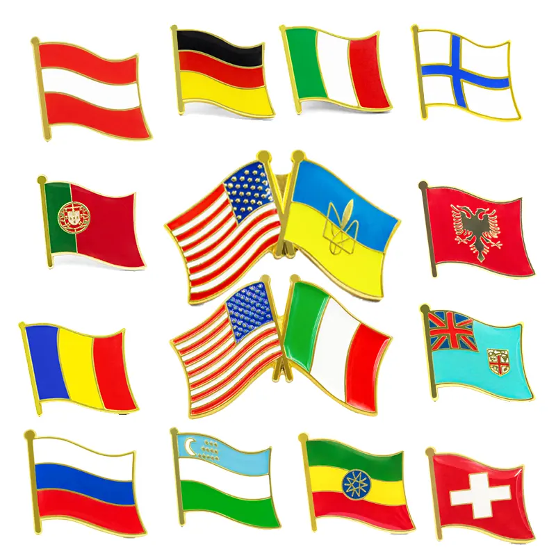 러시아 독일 네덜란드 이탈리아 스위스 오스트리아 폴란드 포르투갈 프랑스 금속 옷깃 하드 소프트 에나멜 브로치 국가 깃발 핀