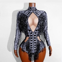 Robe une pièce argentée entièrement ornée de diamants et de franges pour chanteuse, tenue de scène, tenue de danse latine en boîte de nuit, tenue de performance pour danseuse principale GOGO