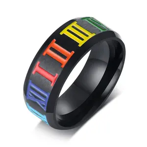 Mode acier inoxydable couleurs chiffres romains arc-en-ciel lesbienne lesbienne fierté anneaux noir hommes Lgbt anneau