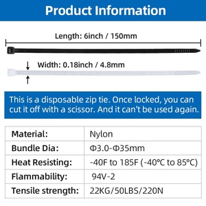 Attaches-câbles écologiques 4,8*150mm 6 pouces, noires et blanches, anti-UV, autobloquantes en Nylon66, pour l'organisation de fils et le regroupement de câbles en plastique - Product Image 2