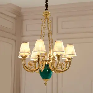 Европейская классическая латунная люстра высокого качества, 8 тканевых лампочек с керамическим подвесным светильником Озерного синего цвета
