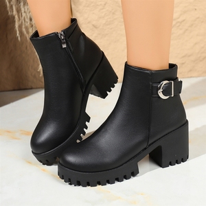 Bottes à talon carré en similicuir noir pour <span class=keywords><strong>femme</strong></span>, vente en gros d'usine - Semelle plateforme avec fermeture éclair latérale en métal - Product Image 1