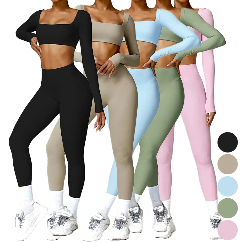 Ready-Made High Quality Solid Waterproof Long Sleeve Nylon Seamless Breathable Quick Dry Two Piece Yoga Gym Wear Set for Women