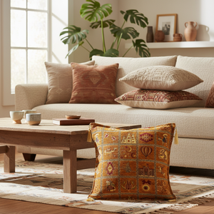 Boho Chic <b>Cushion</b> <b>Cover</b> With Orange Turkish Fabric With Turkish Symbols Design.... Made in Turkey .... From Turkey - Product Image 3