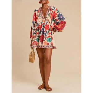 FOXA Women's <b>Boho</b> Floral V Neck Mini Dress Bishop Sleeve Loose Fit Casual Summer Dress - Product Image 5