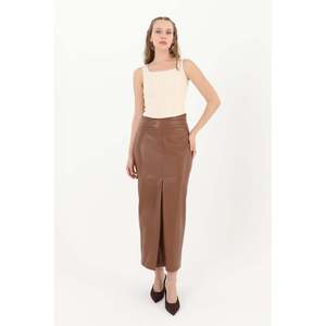 Puane Women's Stylish Brown <b>Slit</b> Front Faux Leather <b>Skirt</b> - Modern High Waist <b>Pencil</b> Design for Elegant Evening Wear - Product Image 1
