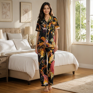 Conjunto de Pijama de Algodón 100% con Estampado Floral para Mujer, Conjunto de Pijama Premium con Botones, Ropa de Dormir de Manga Corta - Product Image 1