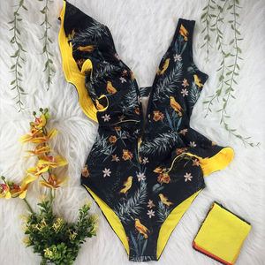 Maillots de bain une pièce pour femmes, maillots de bain à épaules dénudées à fleurs pour filles, maillots de bain push-up, combinaisons de plage, <span class=keywords><strong>monokini</strong></span> à volants - Product Image 4