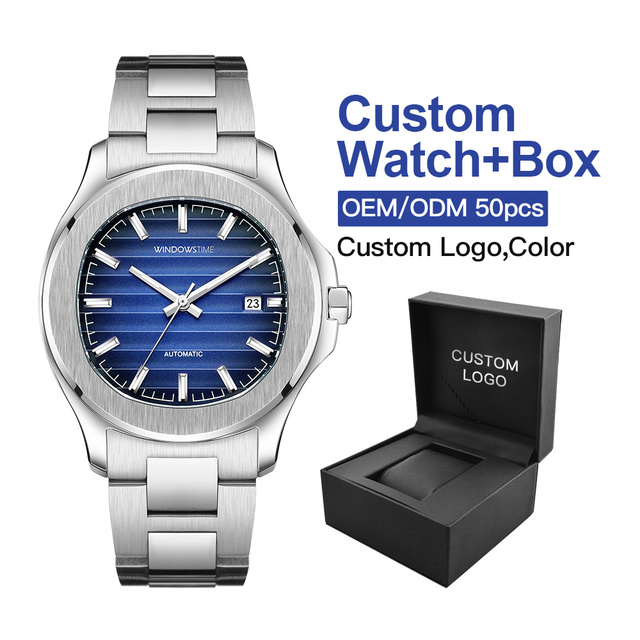 OEM/ODM Hot Fashion Vintage Bulk Silver Stainless Steel Custom Brand Logo Luxury Automatic Mechanical Men's Watch Power Reserve