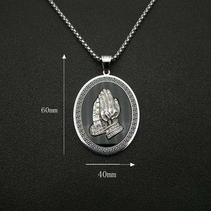Collier pendentif mains en prière Hip Hop en acier inoxydable plaqué or et argent, serti pavé, bijou unisexe, cadeau - Product Image 5