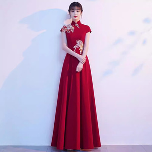 Red Chinese Style Cheongsam Long Dress For Performance Women Claret Polyester Evening Gown With 3D Embroidery - Product Image 1
