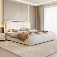Lit Double Classique Crème Blanc Luxe en Cuir Rembourré Doux avec Rangement et Veilleuse – Meuble Écologique et Durable – Offre Spéciale
