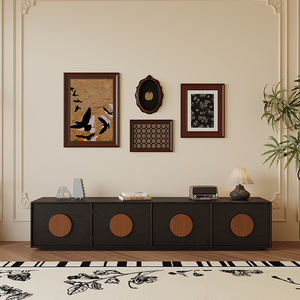 Mueble de <span class=keywords><strong>TV</strong></span> de Madera Maciza de Diseño Retro Moderno en Negro, Mesa <span class=keywords><strong>Sunset</strong></span> con Almacenamiento para Sala de Estar de Apartamentos Pequeños - Product Image 1